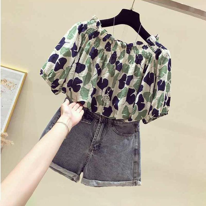 One-shoulder Top Women's Short-sleeved Loose-fitting Belly Slimming Women's Blouse Floral Chiffon Shirt Top Women's Off-shoulder Chiffon Shirt