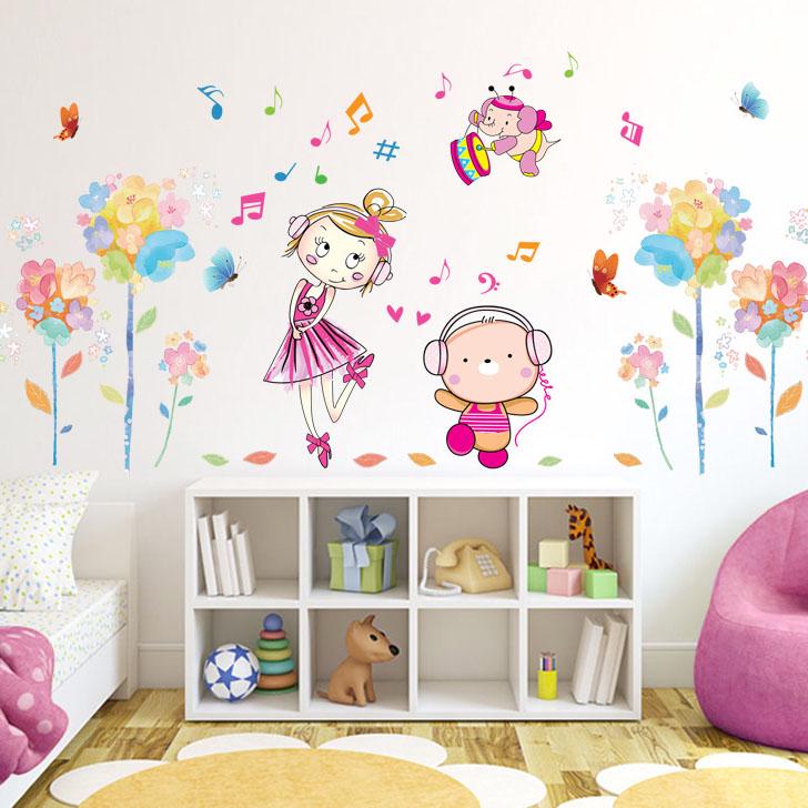 Colorful Flower girl music wall stickers children's room kindergarten decorative wall stickers PVC