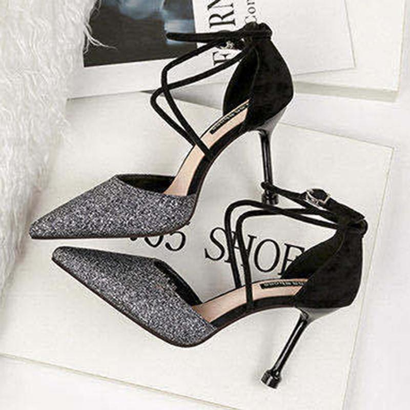 Crystal Sequins Pointed Toe High Heels Stiletto Buckle Hollow Single Shoes Cross Strap Women Sandals