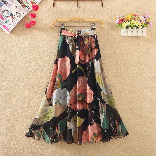 Spring and Summer Mid-length Chiffon Print Bow Boho Beach Skirt Women's Skirt