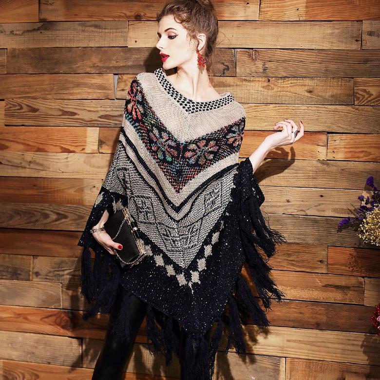 Bohemian Ethnic V-neck Sweater Women's Mid-length Pullover Cape Shawl Batwing Sweater Coat Tassel Sweater Autumn Winter