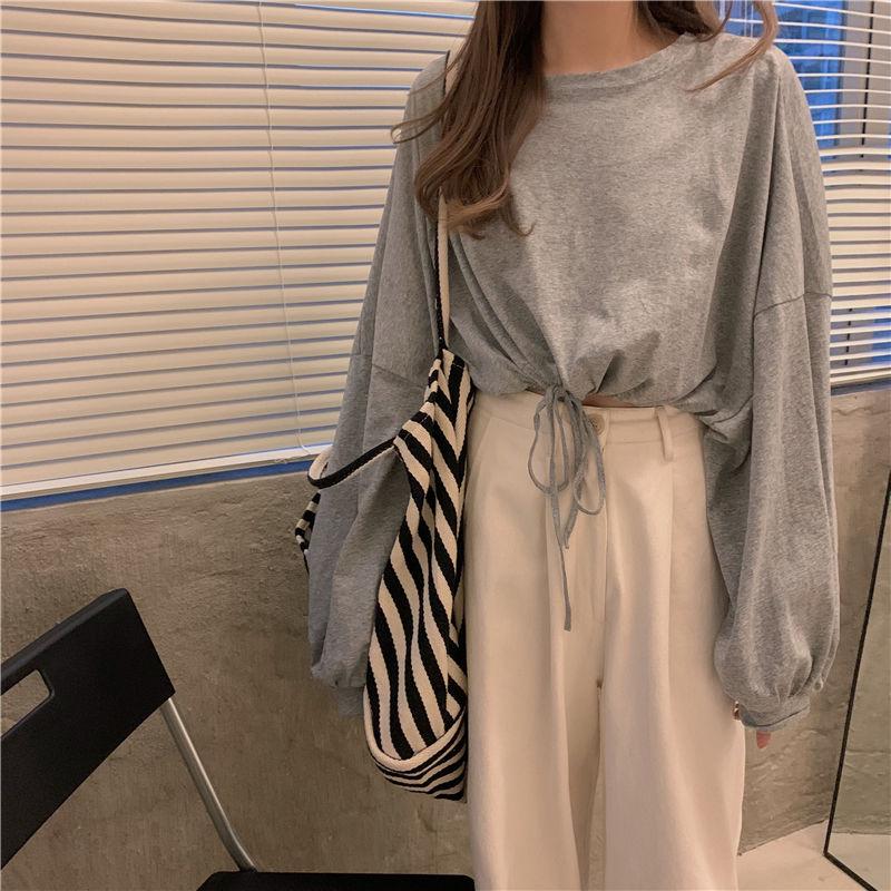 Spring Fall Women Harajuku Long Sleeve Bandage O-Neck T-Shirts  Casual  T Shirt Femme Black Tops Pullover