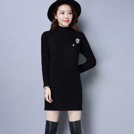 Women's Long Knit Sweater Winter Loose Pullover Sweater Turtleneck Thick Sweater Skirt with Pockets