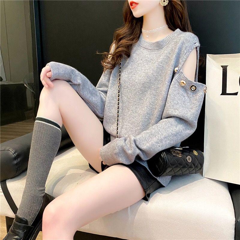 Off-the-shoulder Two-wear Pullover Solid Color Loose Knit Sweater Women's College Style Round Neck Top