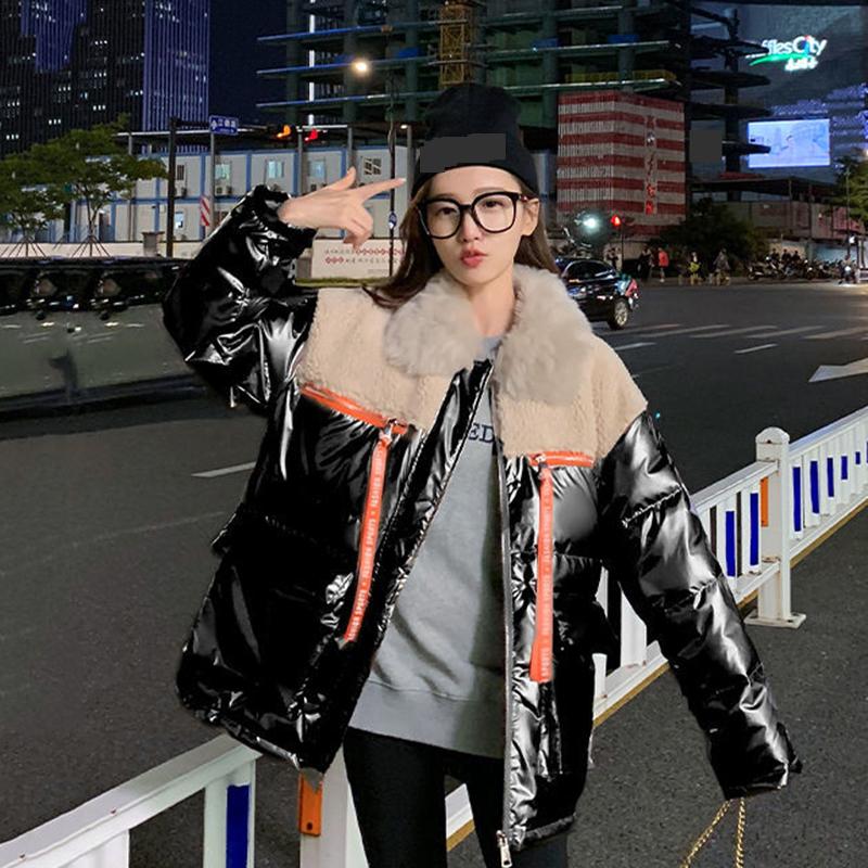 Women's Winter Korean Style Loose Quilted Coat Warmth and Thick Stand-up Collar Down Jacket Women's Bright Surface Regular Down Jacket with Fur Collar