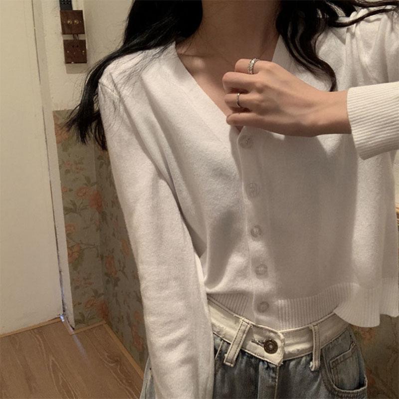 Spring and Autumn Knitted Cardigan Women's Korean Style Short V-neck Inside with Long-sleeved Thin Sweater Jacket Outside