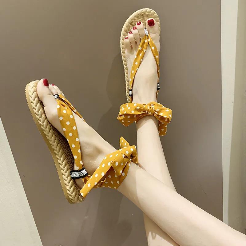 Sandals Female Summer Korean Student Flat Sandals Roman Sandals Thick Bottom Beach Lace-up Shoes