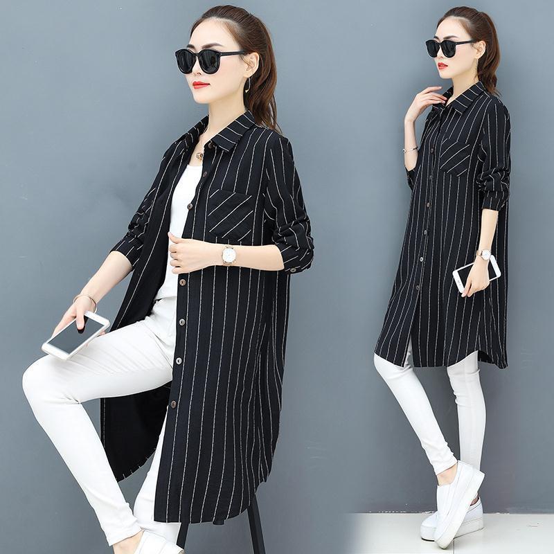 Women's Long-sleeved Striped Shirt Loose Casual Plus Size Mid-length Blouse