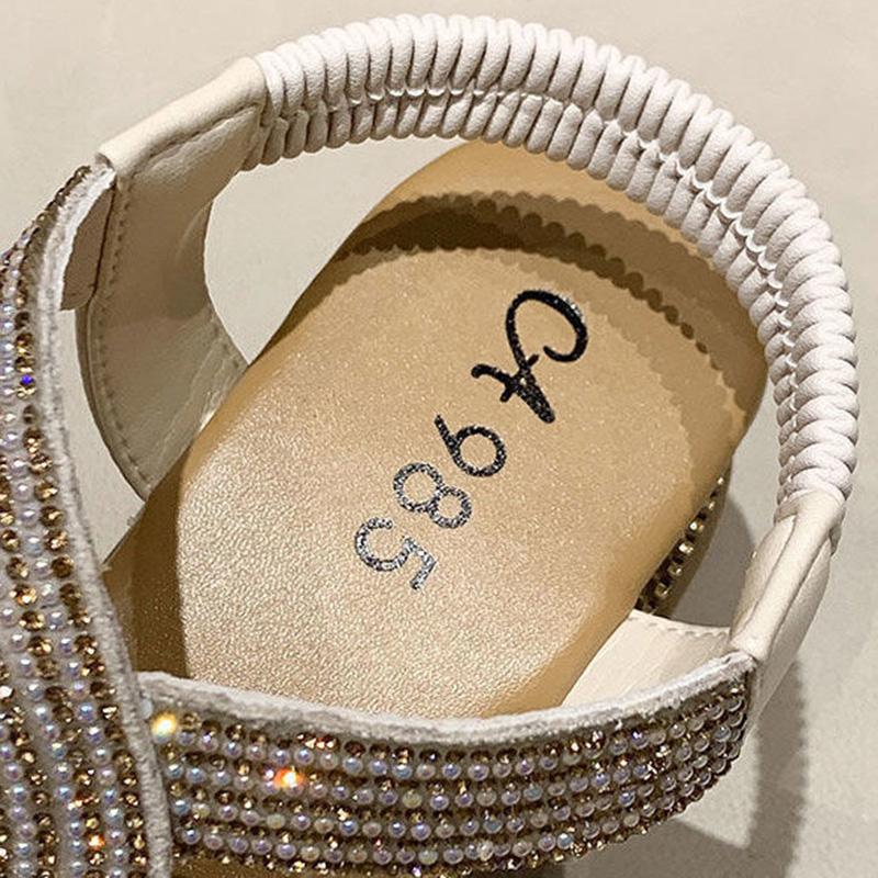 Wedge Sandals Women's Shoes Summer Soft Leather Rhinestones Comfortable Soft Bottom Low-heeled All-match Women's Flat Shoes