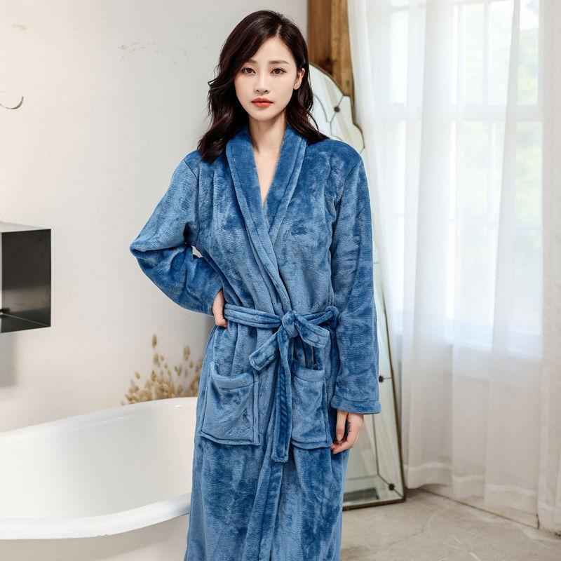 Autumn and Winter Flannel Nightgown Ladies Bathrobe Coral Fleece Thick Long-sleeved Pajamas Home Service Bathrobe Simple Style