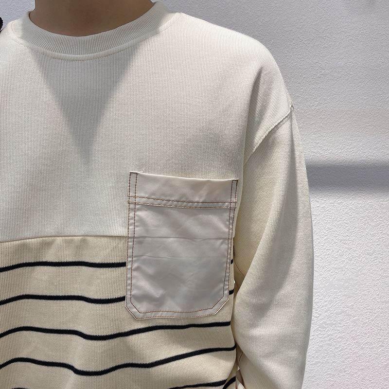 Spring and Autumn Men's Black Striped Color Matching Sweater Round Neck Loose Large Size All-match Casual Pullover Simple Sweater