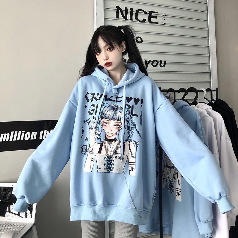 Punk Gothic Hoodies Black White Anime Printed Fashion Japanese Style Pullover Sweatshirts with Chain Girl Hip Hop Hipster Tops Fleece Thick Winter