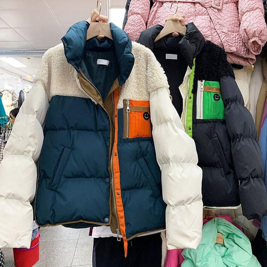Stand-up Collar Hoodless Down Padded Jacket Women Loose Fall and Winter Thick Warmth Padded Jacket Lamb Wool Padded Jacket