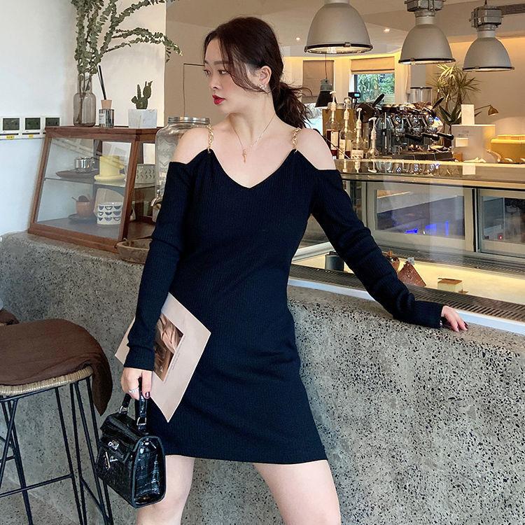 XXXXL Plus Size Women's Clothing Chain Sexy Babes Sling Dress Hollow Out Strapless Long Sleeve V-neck Black Skirt