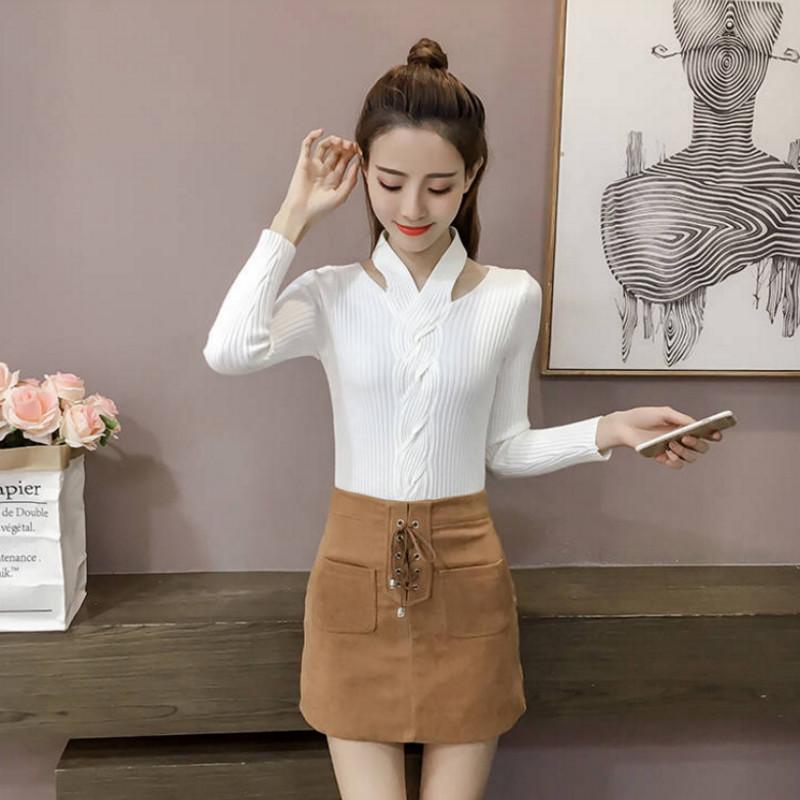 Pofulove sexy V-neck halter slim fit thick base wool sweater female wild sweater