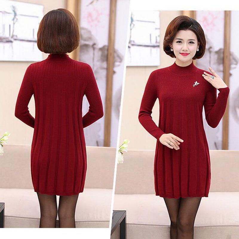 Autumn and Winter Loose Mid-length Dress Half High Neck Knitted Casual Bottoming Shirt Middle-aged Women Sweater Dress
