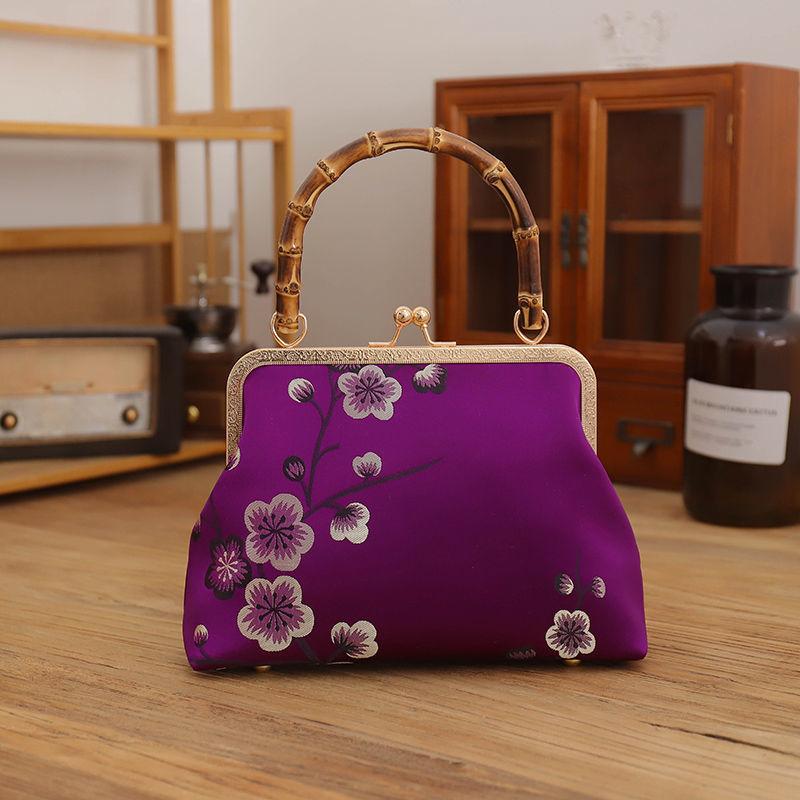 Ethnic Style Women Silk Flowers Printing Handbag Messenger Dual Purpose Exquisite Elegant Doctor Bag
