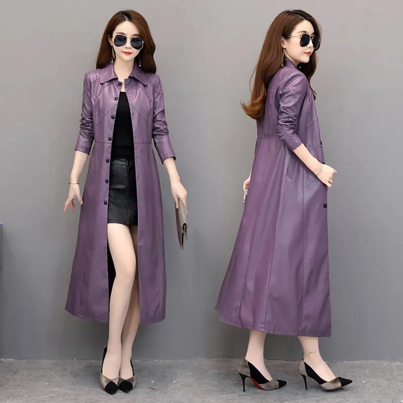 Winter Women's Leather Jacket Fashion Slim Long Section Over-the-knee Leather Jacket Thicken Warm Large Size Leather Jacket