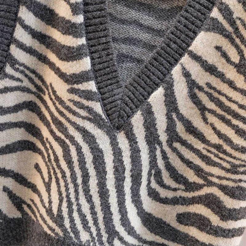 Waistcoat Vest Jacket Spring and Autumn Style Knitted Ladies Sweater Fashion Korean Version of V-neck Loose Zebra Pattern Outer Wear