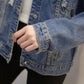 Female Long Sleeve Loose Button Sequins Lapel Casual Denim Jacket Women's Autumn Large Size Ripped Denim Coat