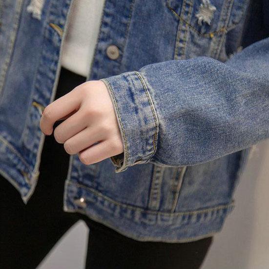 Female Long Sleeve Loose Button Sequins Lapel Casual Denim Jacket Women's Autumn Large Size Ripped Denim Coat