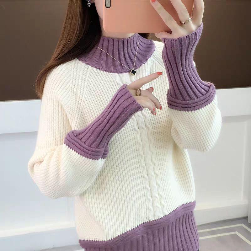 Autumn and Winter Cropped Sweater Pullover Loose Color Matching Jacket Half High Neck Knitted Female Top