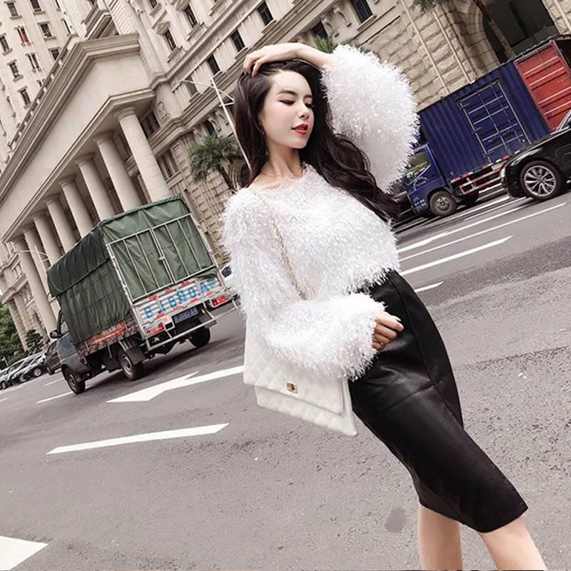 Pofulove 5 Colors Fuzzy V-neck Knitwear Skin-friendly Loose Cuffs Pullover Sweater Chic Knitting Top