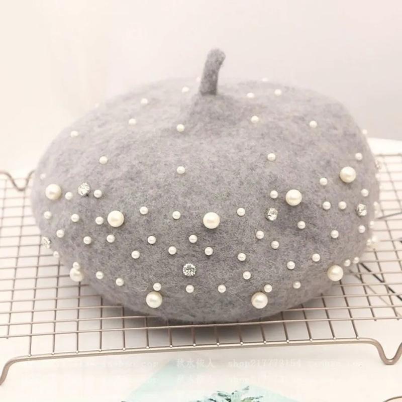 Women's Wool Beret Autumn Casual Pearl Rivet Solid Color Beret