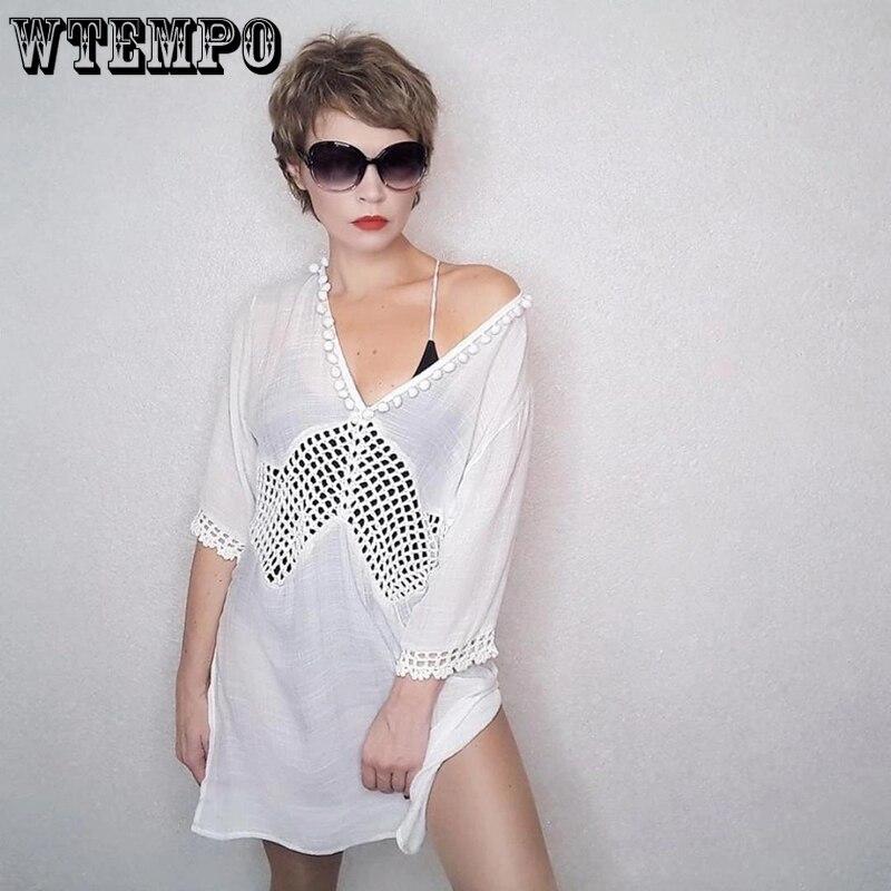 Hollow Out Beach Dresses Women Summer White V Neck Slit Lace Sexy Mini Dress Chiffon Loose Pullover