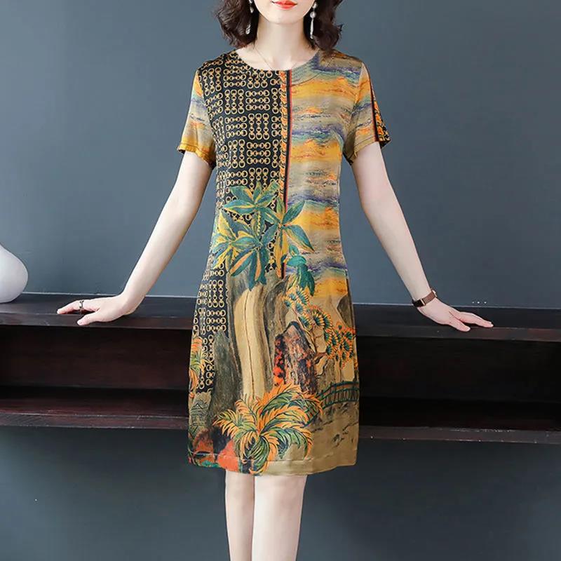 Summer Ice Silk Short Dress Plus Size Clothing Women Casual Comfortable Skirt Short Sleeve Dress