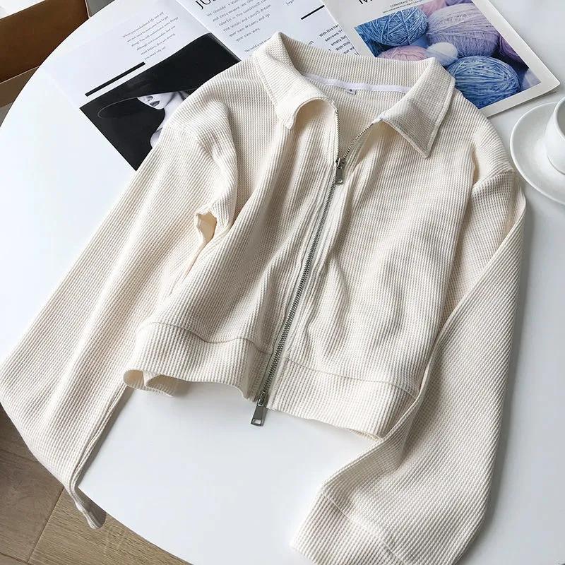 Waffle Short Jacket Women's Autumn Korean Style Loose Design Double Zipper Top Casual Cardigan Ladies Coat