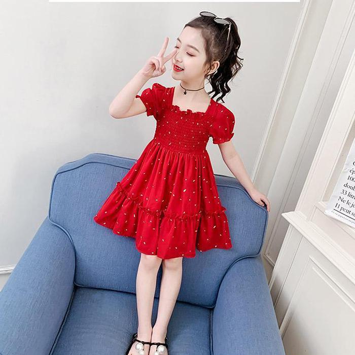 Kids Girls Sweet Summer Polka Sundress French Stylish A-Line Pleated Ruffle Short Sleeve Dress for Party Birthday Gift