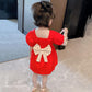 Girls Princess Dress Summer Thin Children's Bow Puff Sleeves Sweet Waist Dress Cute Two-Wear A-line Skirt