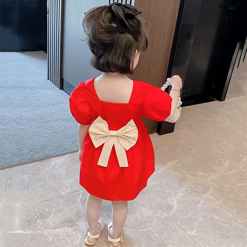 Girls Princess Dress Summer Thin Children's Bow Puff Sleeves Sweet Waist Dress Cute Two-Wear A-line Skirt