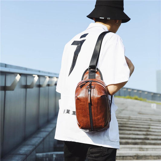 Chest Bag Men Coffee Large Capacity Multi-pocket Leather Shoulder Bag Outdoor Sports Pockets