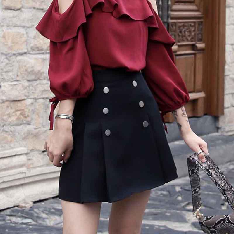 Pofulove Women Ruffled Long Sleeve Shirt+Sexy Pleated Skirt 2pcs Office Lady T-shirt Skirt Suits