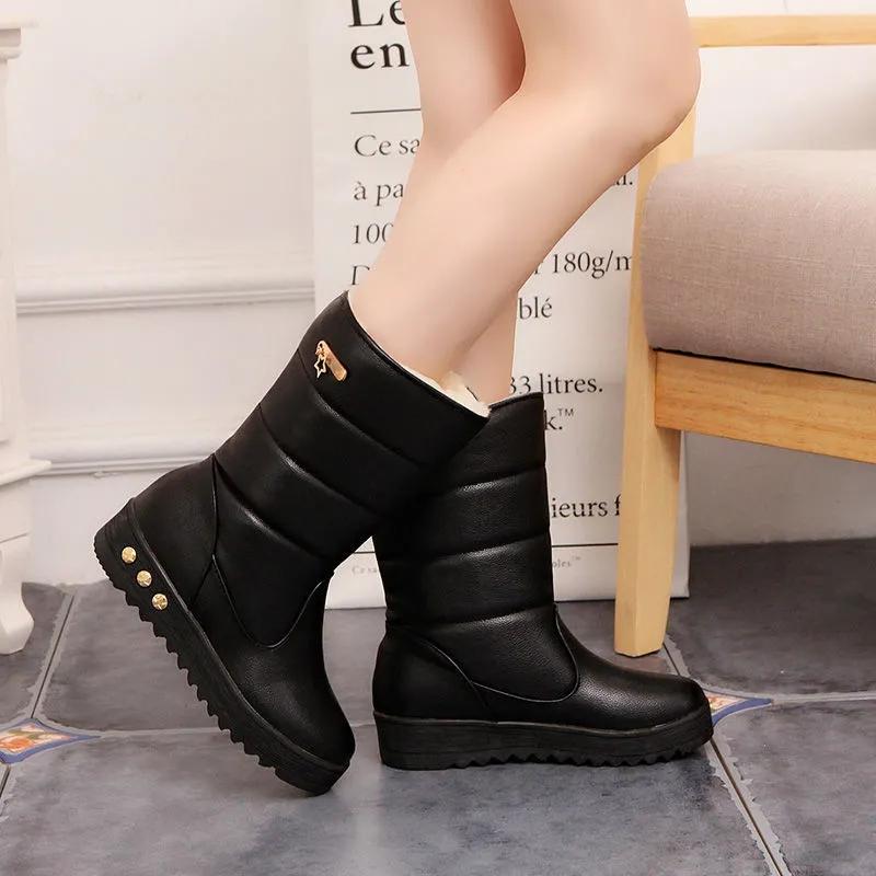 Winter Snow Boots Women's Cotton Shoes Flat Heel Thick-soled Anti-skid Leather Waterproof Mid-tube Boots Warm Cotton Shoes