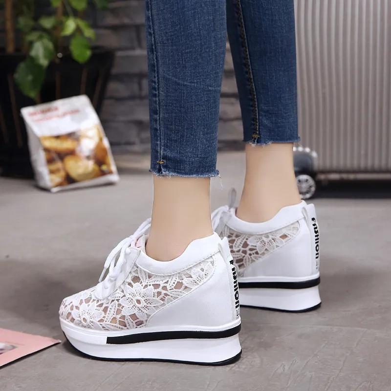 Women Summer Mesh Lace Shoes Thick Soled Wedge Slip-On Sneakers Female Large Size Hollow Out Casual Breathable Shoes