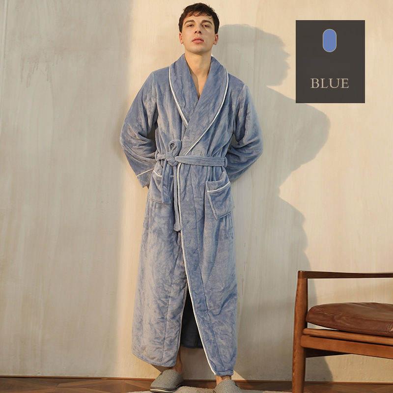 Autumn and Winter Flannel Nightgown Men's Flannel Lengthened Thick Bathrobe Men's Winter Coral Fleece Naked Pajamas