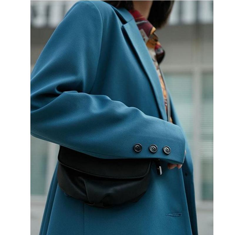 Suit Jacket Female Korean Student Mid-length Small Suit Blue Retro Casual Loose Single-breasted Street Style