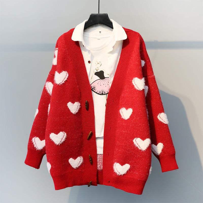 Autumn and Winter Loose Mid-length Cardigan Lazy Heart-shaped Sweater Student Casual Jacket