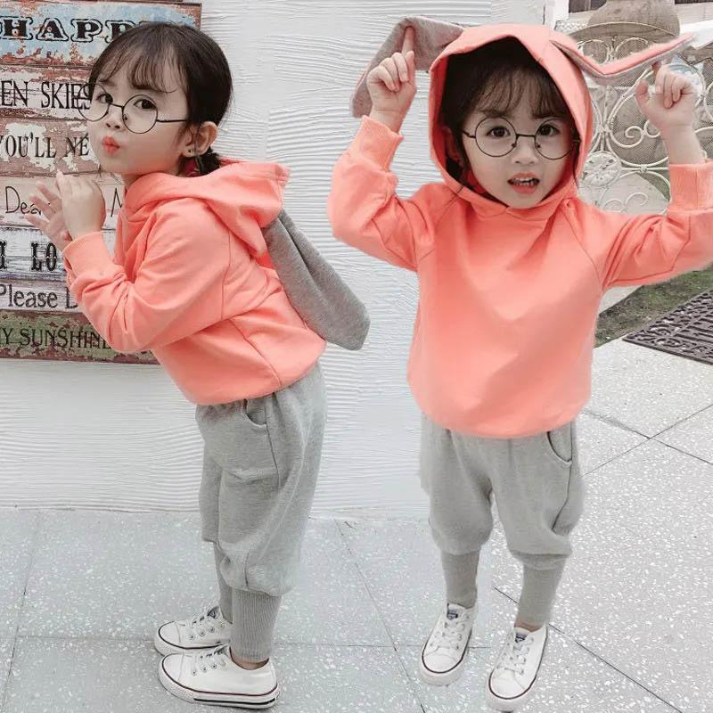 Girls Spring and Autumn Hooded Pullover Sweater Cute Rabbit Ears Decorative Pants Casual Style Children's Two-piece Set