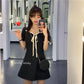 Female Summer Simple Retro Bow Elegant Black Bubble Sleeve One Neck Short Graceful Party Dress