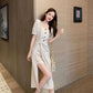 High-end Fabric Puff-sleeved Slit Dress  Square Collar  Open Back, Long-sleeved Waist  Slit Suit Skirt