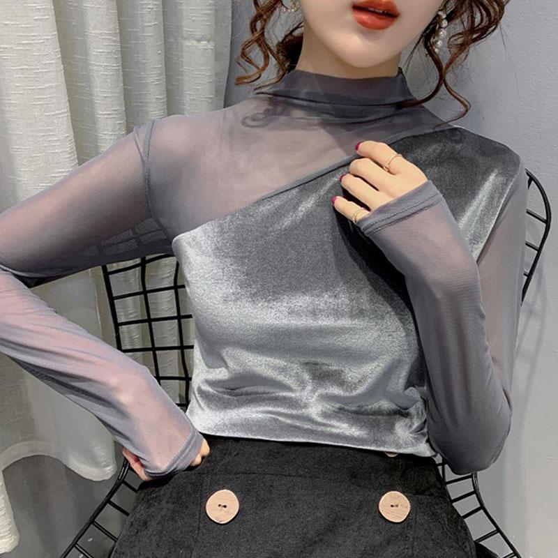 Ladies Sexy Elegant Mesh Women Long Sleeve O Neck Solid Lace Up Slim Skinny  Party Pullover