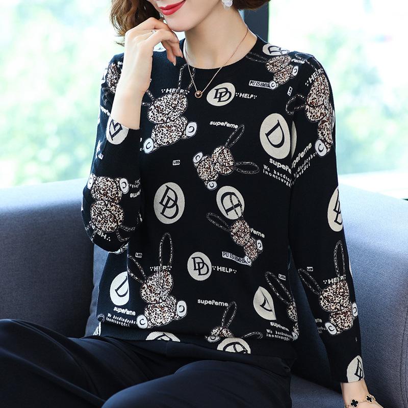 Autumn and Winter Ladies Fur Round Neck Bottoming Shirt Fashion Printing Shirt Sweater