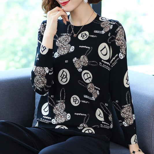 Autumn and Winter Ladies Fur Round Neck Bottoming Shirt Fashion Printing Shirt Sweater