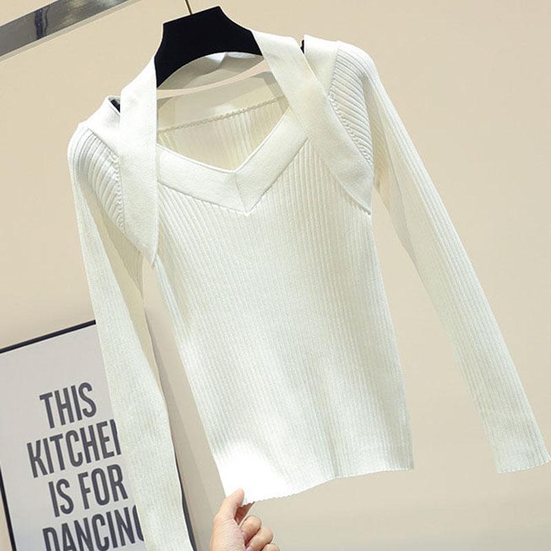 Autumn Slim V-neck Pullover Sweater Feminine Halter Neck Off-shoulder Knit Sweater Top Stretch Knitwear jumper