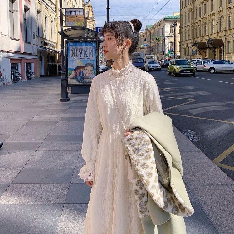 Plus size slim dress spring and autumn French retro waist lace long-sleeved dress women