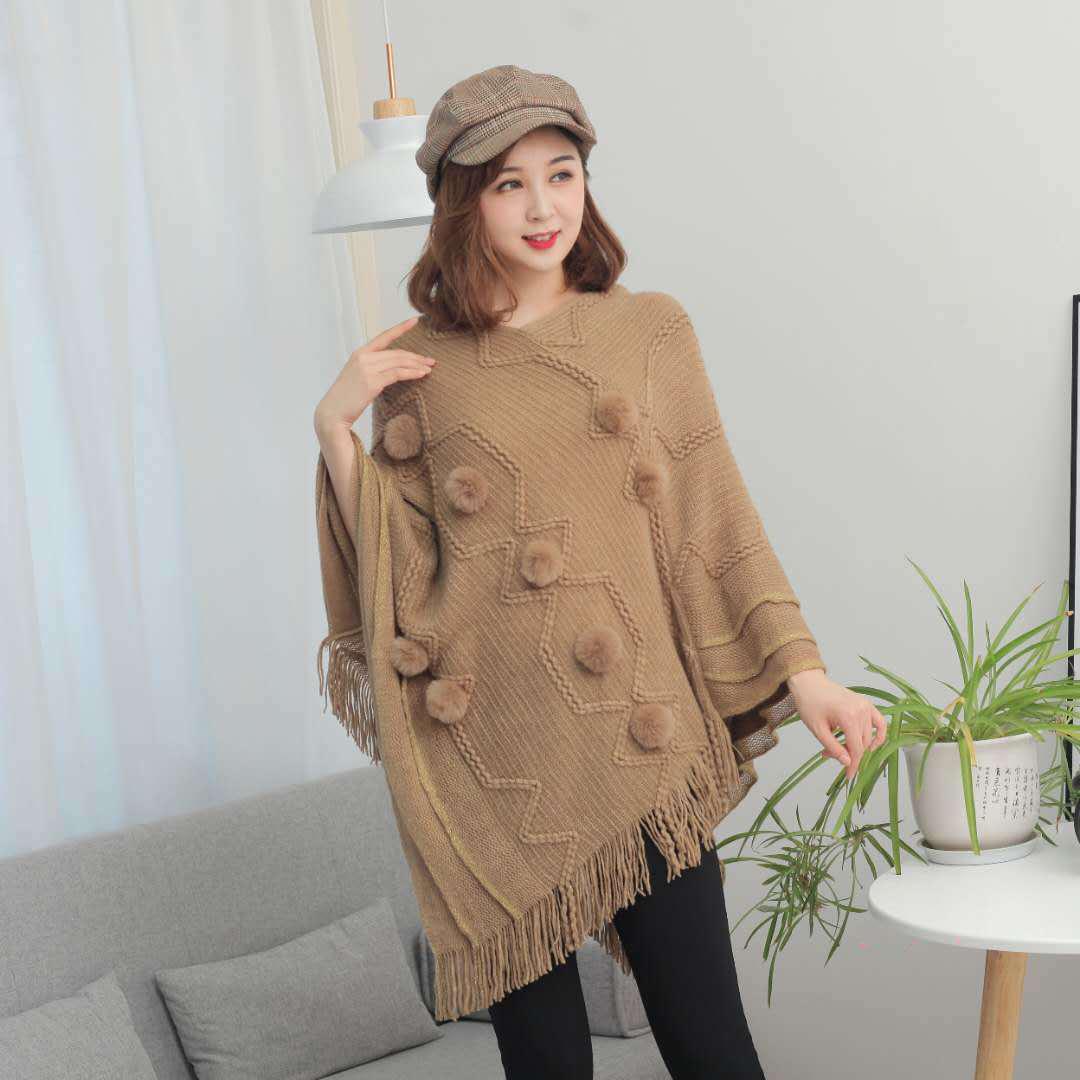 Elegant Women Hairball Shawl Sweater Tassels Loose Batwing Cape Knitwear Outwear Ponchos